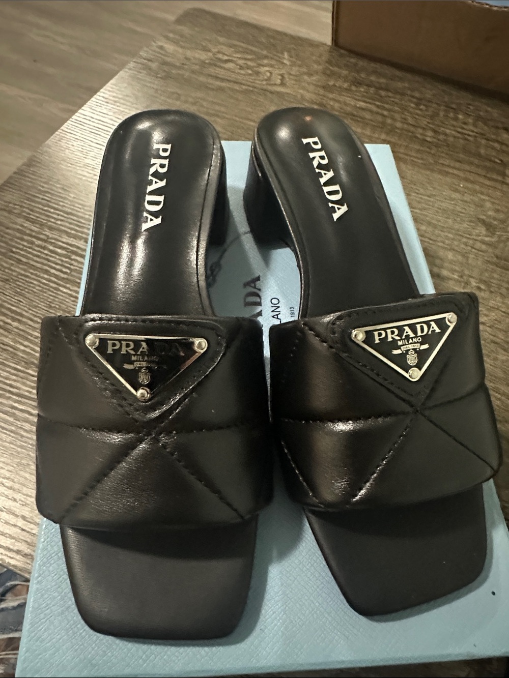 Prada Black Quilted Leather Slide Mules with Triangle Logo